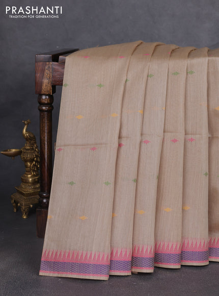 Munga tussar silk saree beige and pink with thread woven geomatric buttas and organza pallu