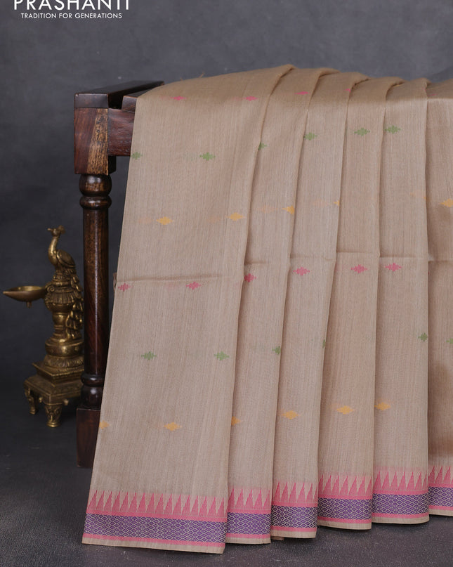 Munga tussar silk saree beige and pink with thread woven geomatric buttas and organza pallu