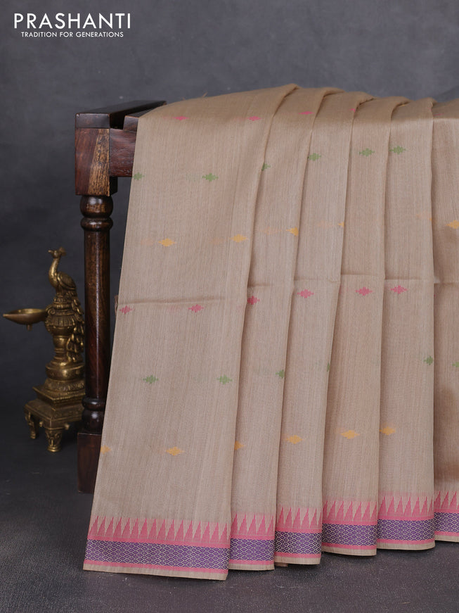 Munga tussar silk saree beige and pink with thread woven geomatric buttas and organza pallu