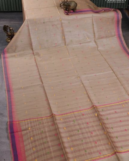 Munga tussar silk saree beige and pink with thread woven geomatric buttas and organza pallu