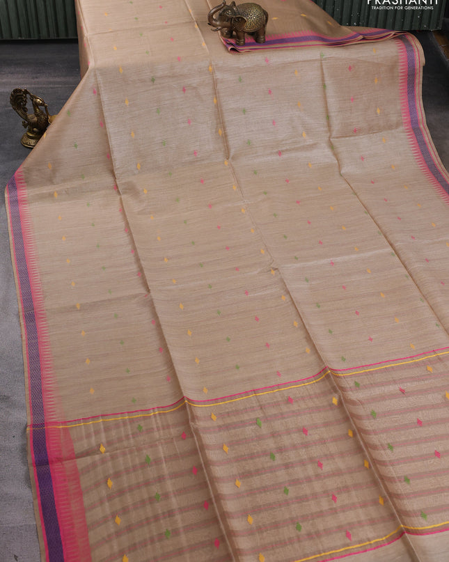 Munga tussar silk saree beige and pink with thread woven geomatric buttas and organza pallu