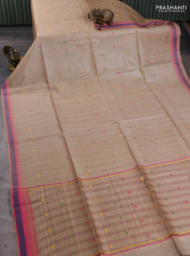 Munga tussar silk saree beige and pink with thread woven geomatric buttas and organza pallu