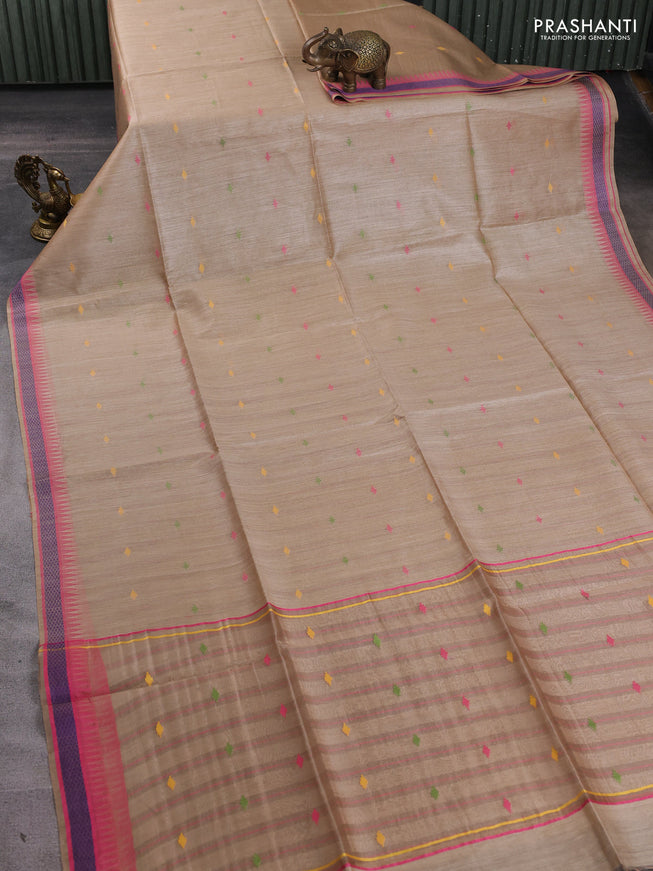 Munga tussar silk saree beige and pink with thread woven geomatric buttas and organza pallu