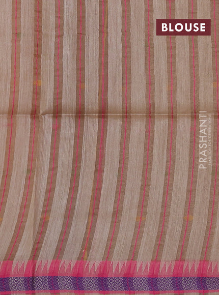 Munga tussar silk saree beige and pink with thread woven geomatric buttas and organza pallu