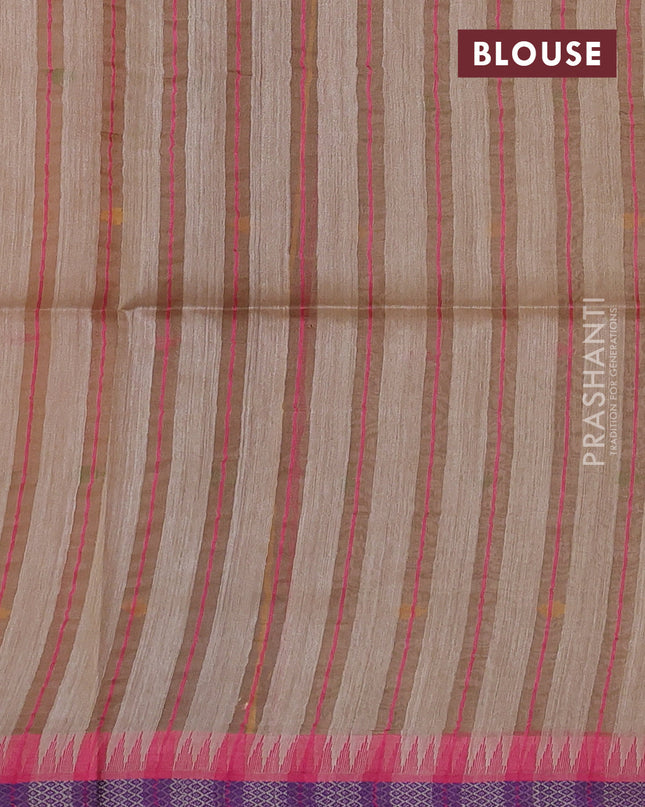 Munga tussar silk saree beige and pink with thread woven geomatric buttas and organza pallu