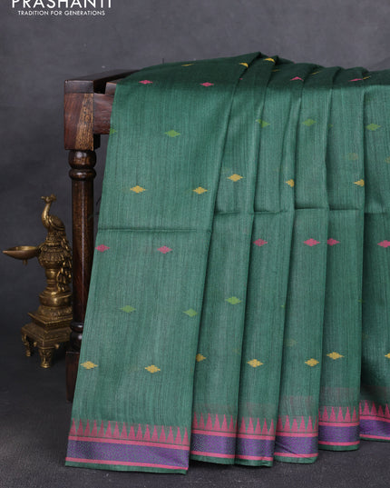 Munga tussar silk saree bottle green and pink with thread woven geomatric buttas and organza pallu
