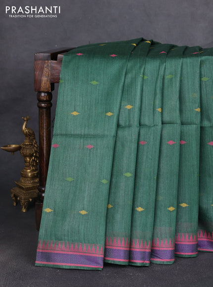 Munga tussar silk saree bottle green and pink with thread woven geomatric buttas and organza pallu