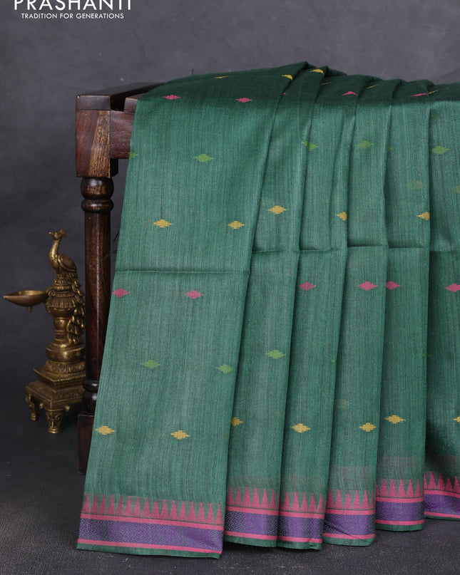 Munga tussar silk saree bottle green and pink with thread woven geomatric buttas and organza pallu