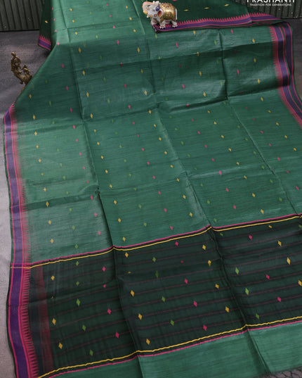 Munga tussar silk saree bottle green and pink with thread woven geomatric buttas and organza pallu