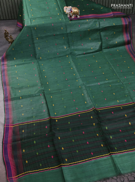 Munga tussar silk saree bottle green and pink with thread woven geomatric buttas and organza pallu