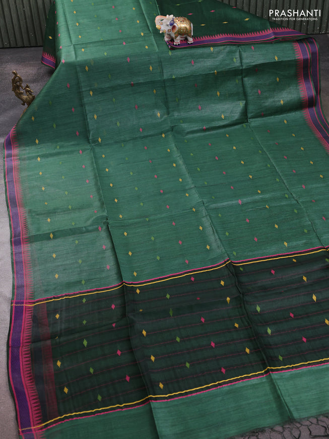 Munga tussar silk saree bottle green and pink with thread woven geomatric buttas and organza pallu