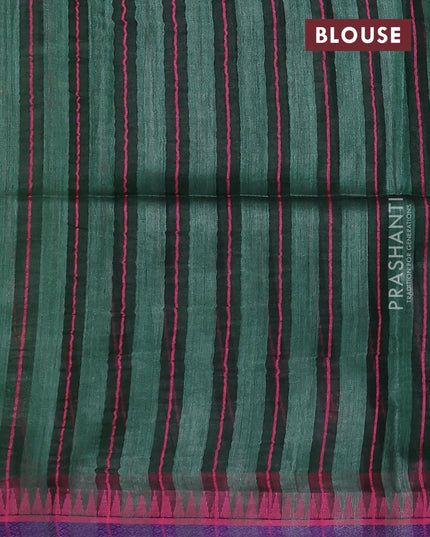Munga tussar silk saree bottle green and pink with thread woven geomatric buttas and organza pallu