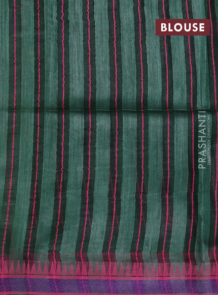 Munga tussar silk saree bottle green and pink with thread woven geomatric buttas and organza pallu