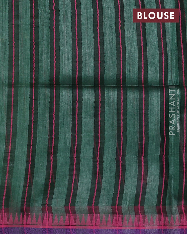 Munga tussar silk saree bottle green and pink with thread woven geomatric buttas and organza pallu