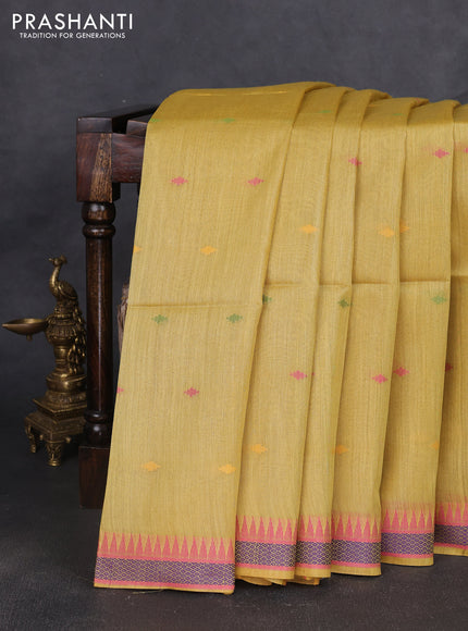 Munga tussar silk saree mustard yellow and pink with thread woven geomatric buttas and organza pallu
