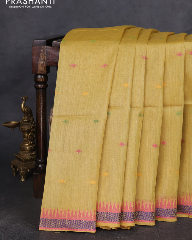 Munga tussar silk saree mustard yellow and pink with thread woven geomatric buttas and organza pallu