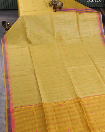 Munga tussar silk saree mustard yellow and pink with thread woven geomatric buttas and organza pallu