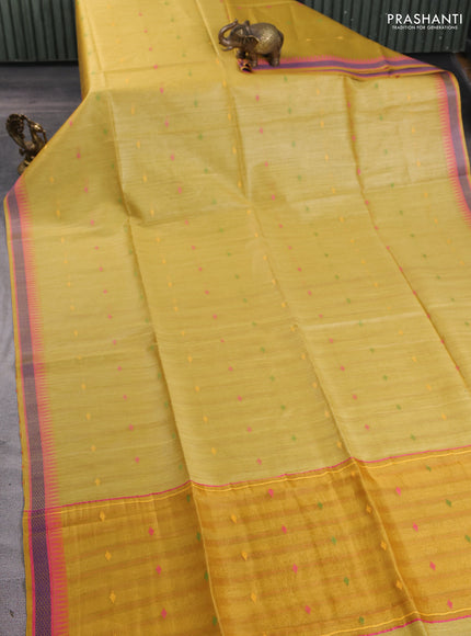 Munga tussar silk saree mustard yellow and pink with thread woven geomatric buttas and organza pallu