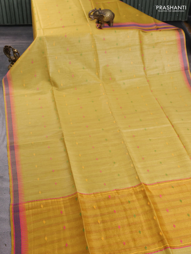 Munga tussar silk saree mustard yellow and pink with thread woven geomatric buttas and organza pallu