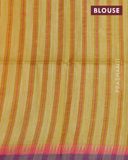 Munga tussar silk saree mustard yellow and pink with thread woven geomatric buttas and organza pallu