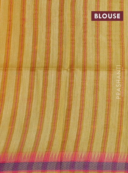 Munga tussar silk saree mustard yellow and pink with thread woven geomatric buttas and organza pallu