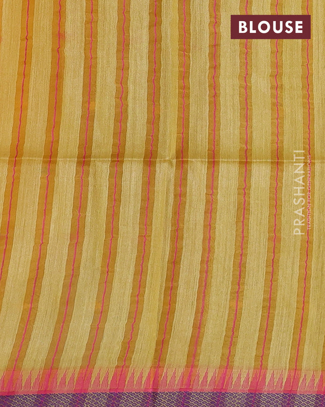 Munga tussar silk saree mustard yellow and pink with thread woven geomatric buttas and organza pallu
