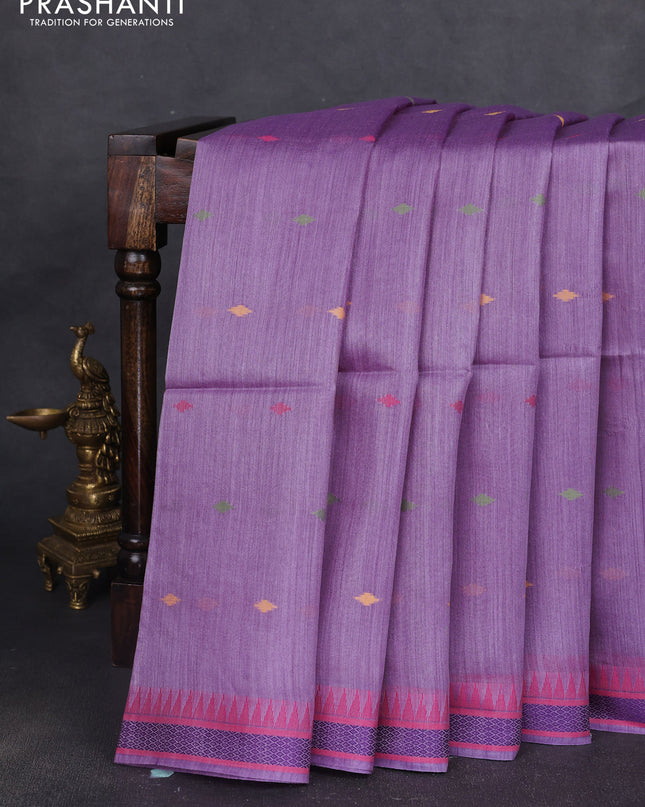 Munga tussar silk saree lavender and pink with thread woven geomatric buttas and organza pallu