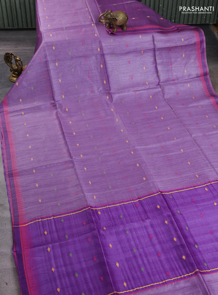 Munga tussar silk saree lavender and pink with thread woven geomatric buttas and organza pallu
