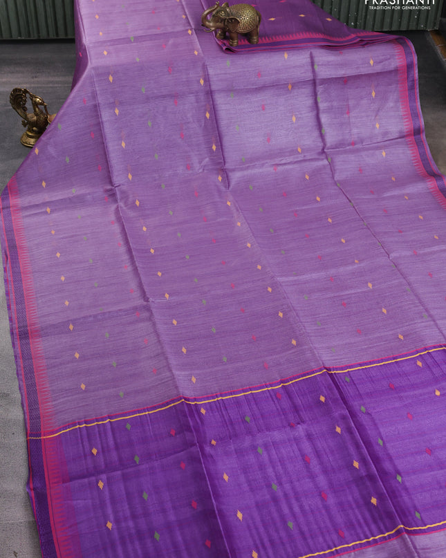 Munga tussar silk saree lavender and pink with thread woven geomatric buttas and organza pallu