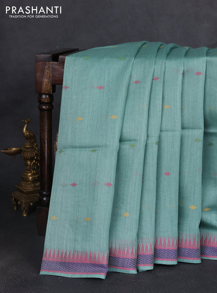 Munga tussar silk saree pastel green shade and pink with thread woven geomatric buttas and organza pallu