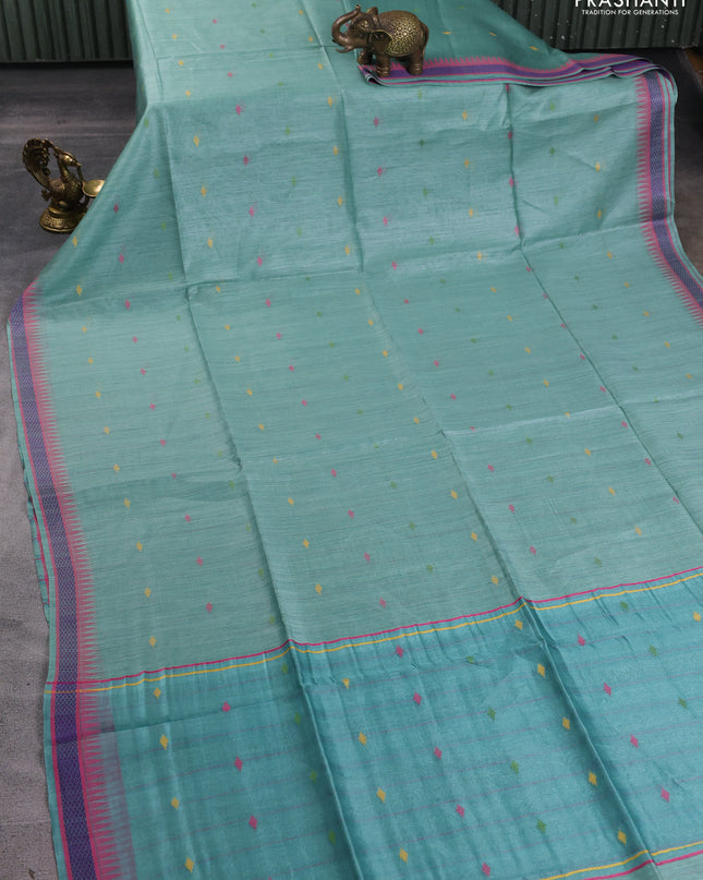 Munga tussar silk saree pastel green shade and pink with thread woven geomatric buttas and organza pallu