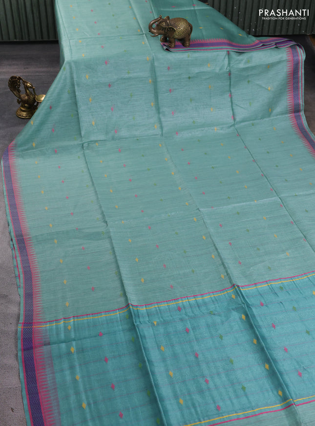 Munga tussar silk saree pastel green shade and pink with thread woven geomatric buttas and organza pallu
