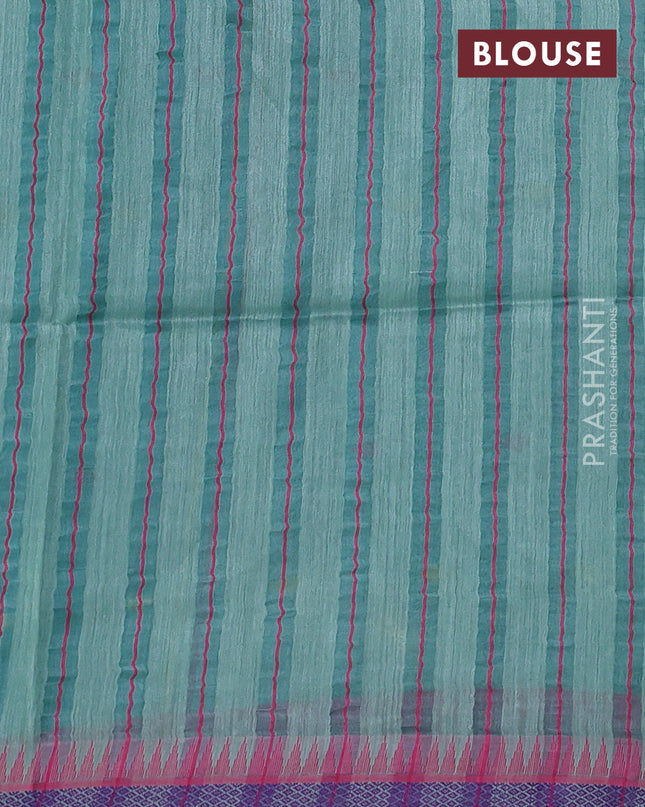 Munga tussar silk saree pastel green shade and pink with thread woven geomatric buttas and organza pallu