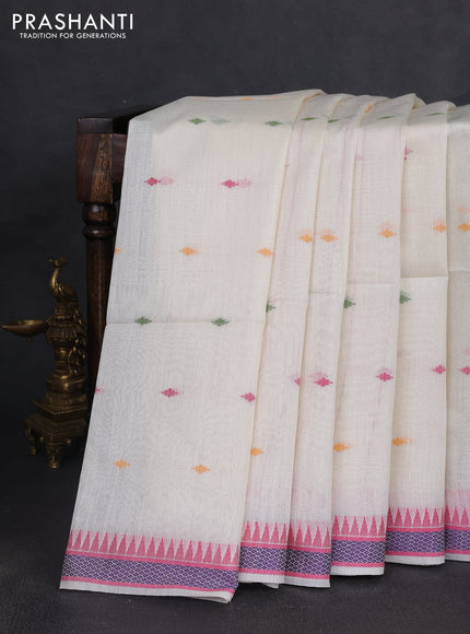 Munga tussar silk saree off white and pink with thread woven geomatric buttas and organza pallu