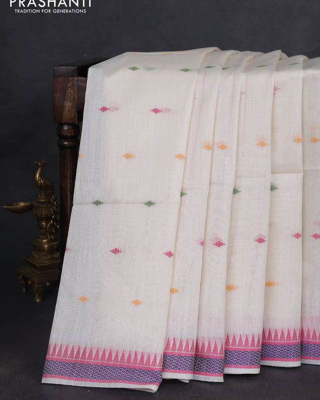 Munga tussar silk saree off white and pink with thread woven geomatric buttas and organza pallu