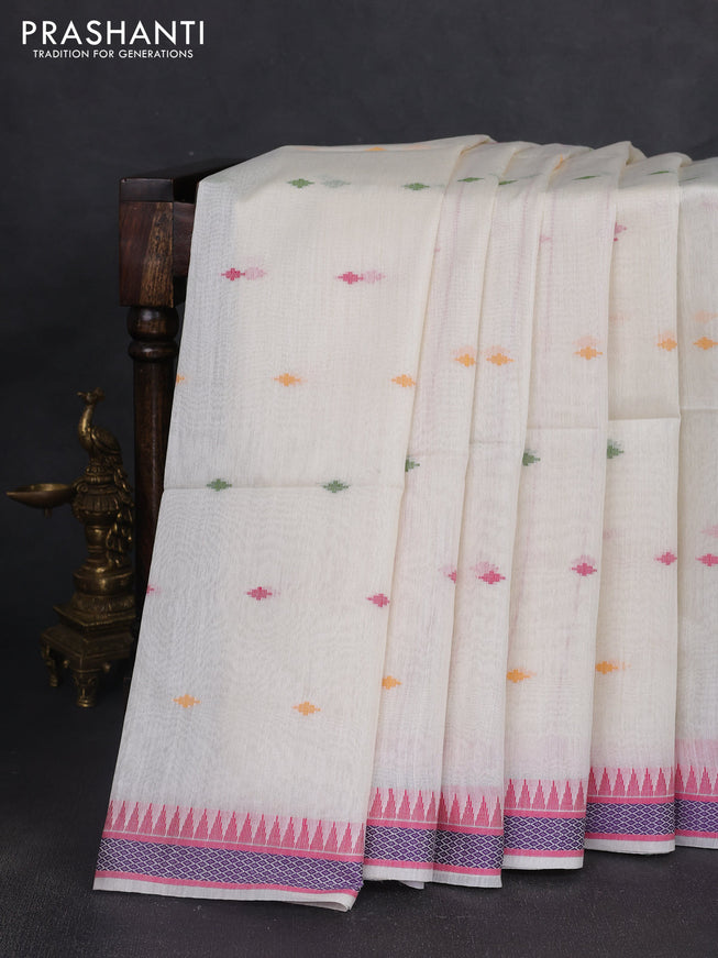 Munga tussar silk saree off white and pink with thread woven geomatric buttas and organza pallu