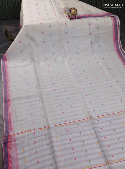 Munga tussar silk saree off white and pink with thread woven geomatric buttas and organza pallu