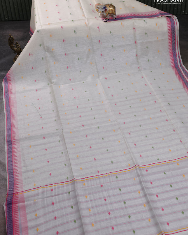 Munga tussar silk saree off white and pink with thread woven geomatric buttas and organza pallu
