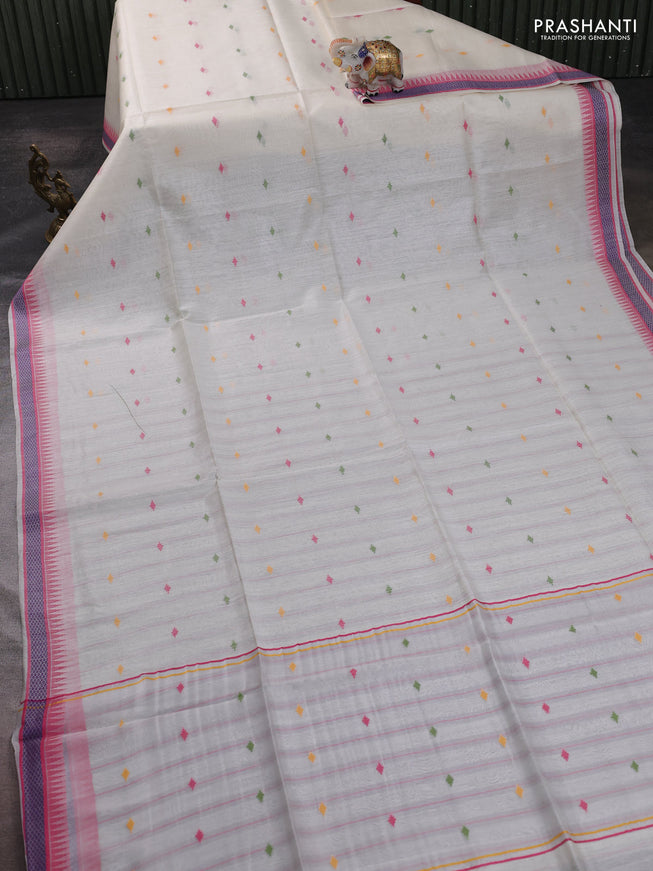 Munga tussar silk saree off white and pink with thread woven geomatric buttas and organza pallu