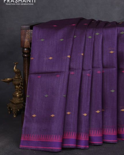 Munga tussar silk saree purple and pink with thread woven geomatric buttas and organza pallu