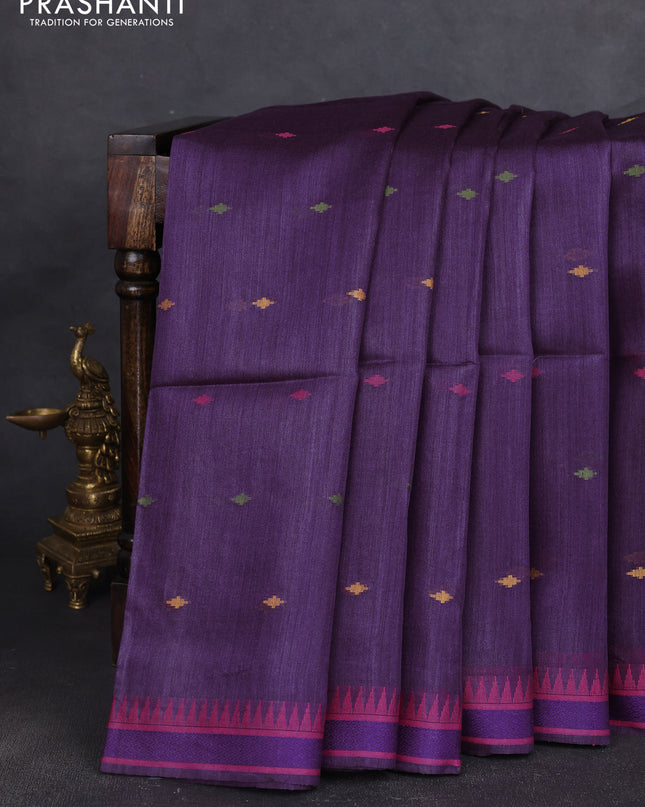 Munga tussar silk saree purple and pink with thread woven geomatric buttas and organza pallu