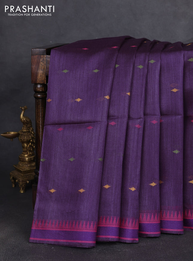 Munga tussar silk saree purple and pink with thread woven geomatric buttas and organza pallu