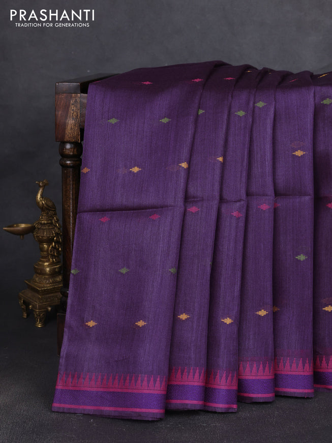 Munga tussar silk saree purple and pink with thread woven geomatric buttas and organza pallu