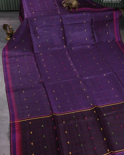 Munga tussar silk saree purple and pink with thread woven geomatric buttas and organza pallu