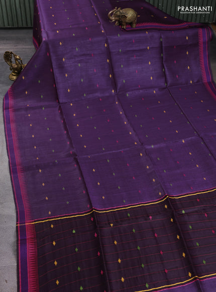Munga tussar silk saree purple and pink with thread woven geomatric buttas and organza pallu