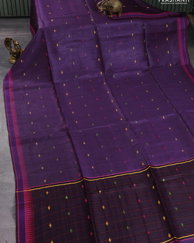 Munga tussar silk saree purple and pink with thread woven geomatric buttas and organza pallu