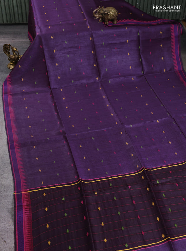 Munga tussar silk saree purple and pink with thread woven geomatric buttas and organza pallu