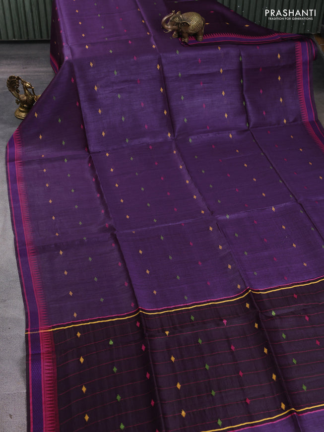 Munga tussar silk saree purple and pink with thread woven geomatric buttas and organza pallu