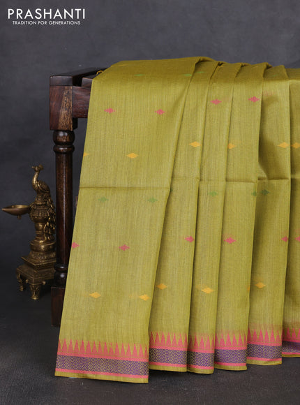 Munga tussar silk saree mustard green and pink with thread woven geomatric buttas and organza pallu