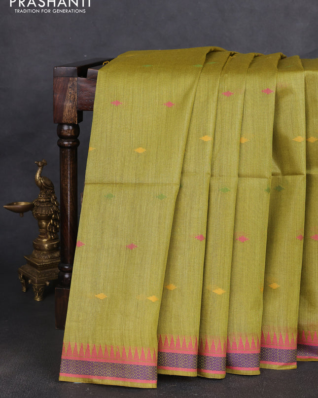 Munga tussar silk saree mustard green and pink with thread woven geomatric buttas and organza pallu